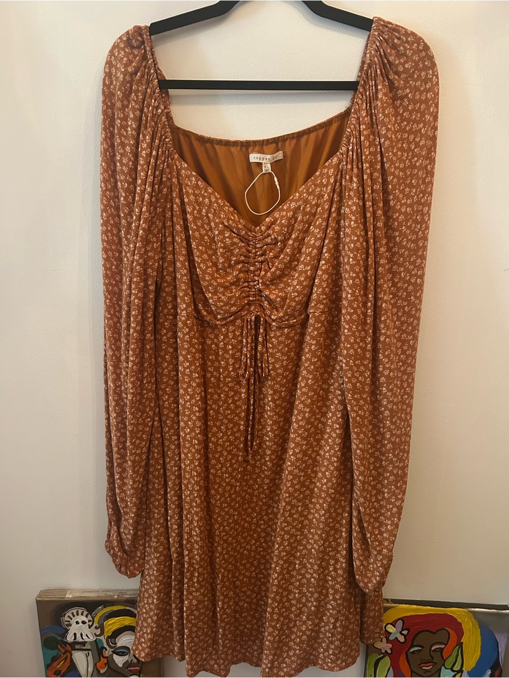 Rust Floral Drawstring Peasant Dress